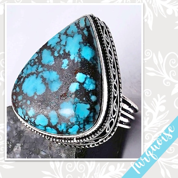 Turquoise Eclectic Silver Artisan Ring, Size 8.25 (Turquoise Blue, Black matrix)